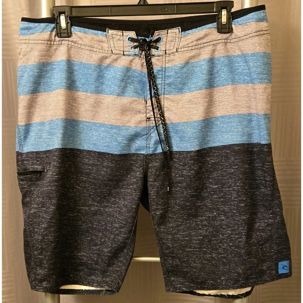 Rip Curl Mens Size 36 (XL) Gray Blue & Navy Striped Mirage Board Short Swim Surf